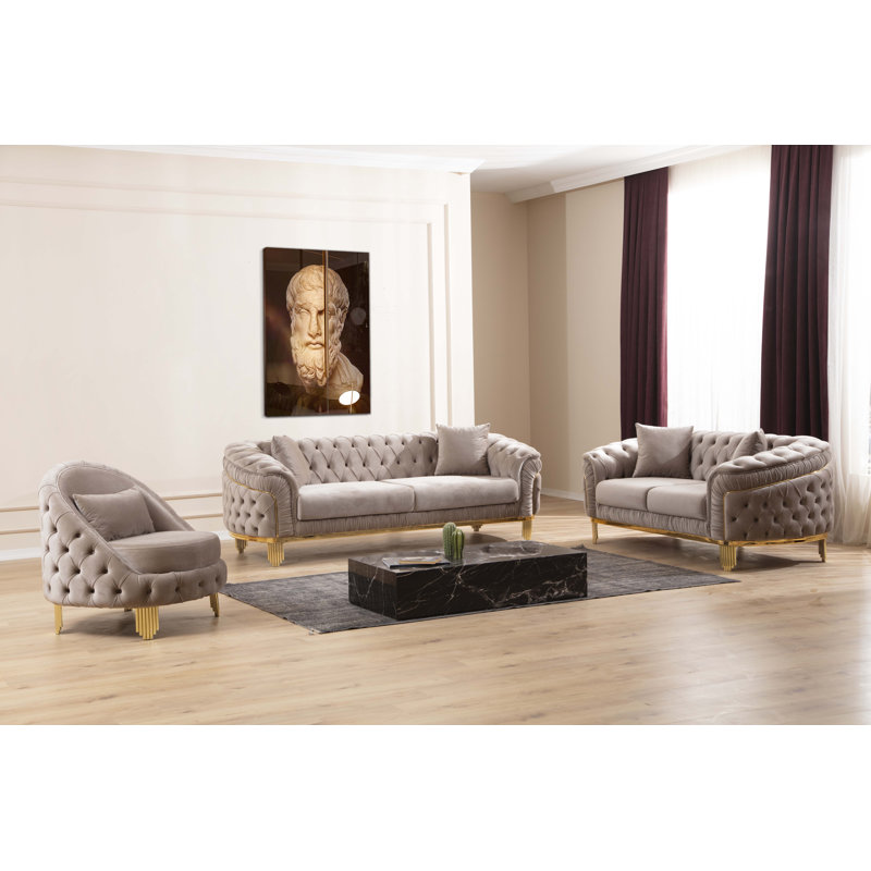 Everly Quinn Valorie 3 Piece Velvet Living Room Set Body Fabric Grey Velvet